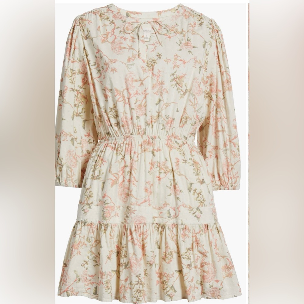 Treasure & Bond (NWT) Cream Floral Long-Sleeve Midi‎ Dress with Pink Print-Large